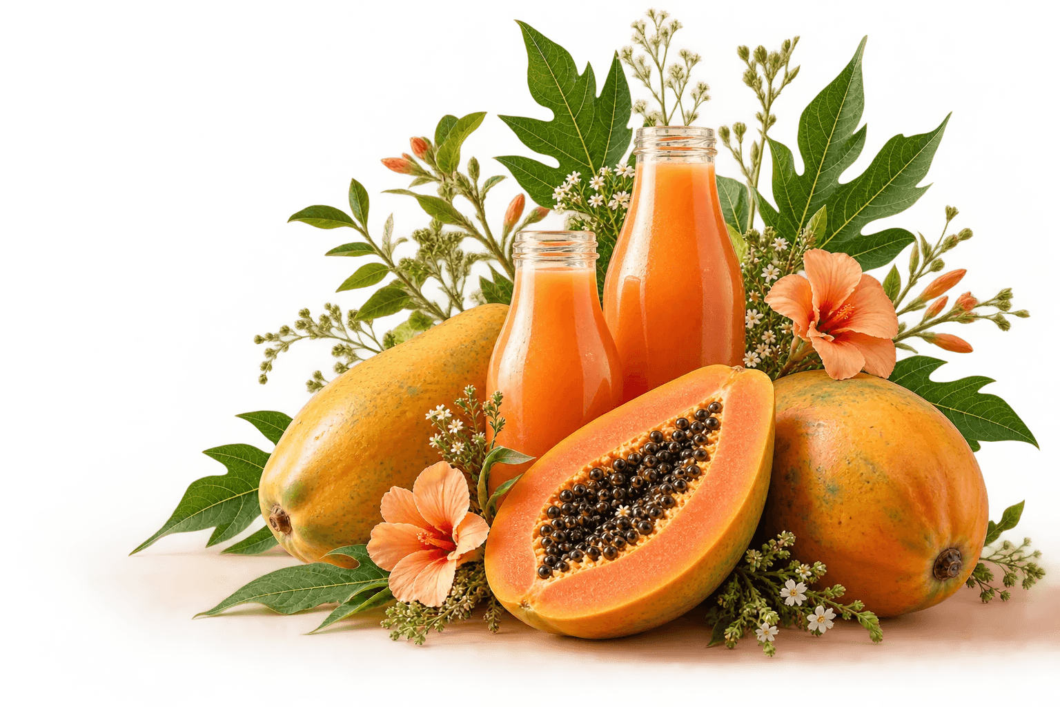 Papaya fruit, flowers and two bottles of orange papaya drink