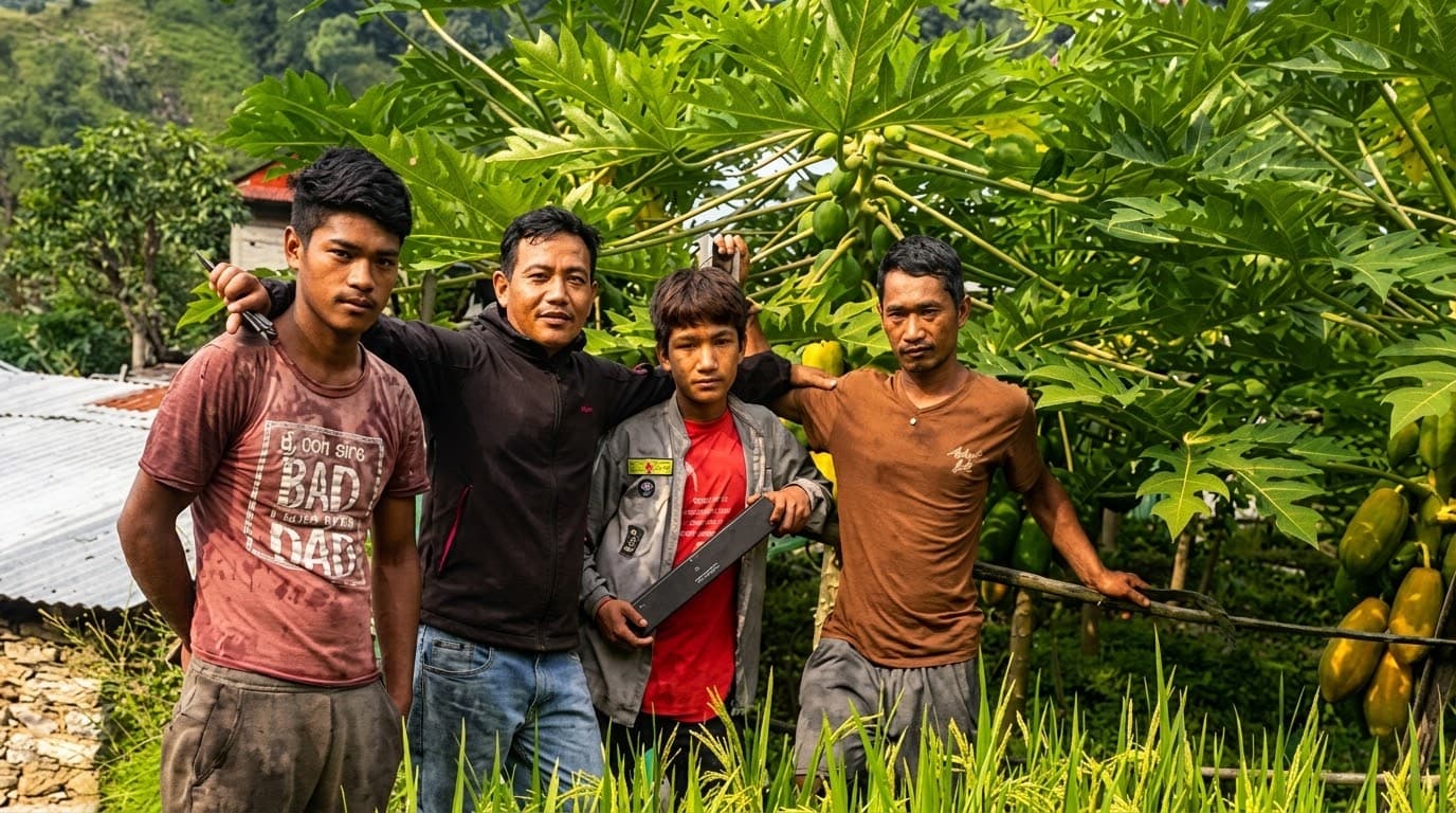 Four growers standing together at a papaya farm in Ramechhap